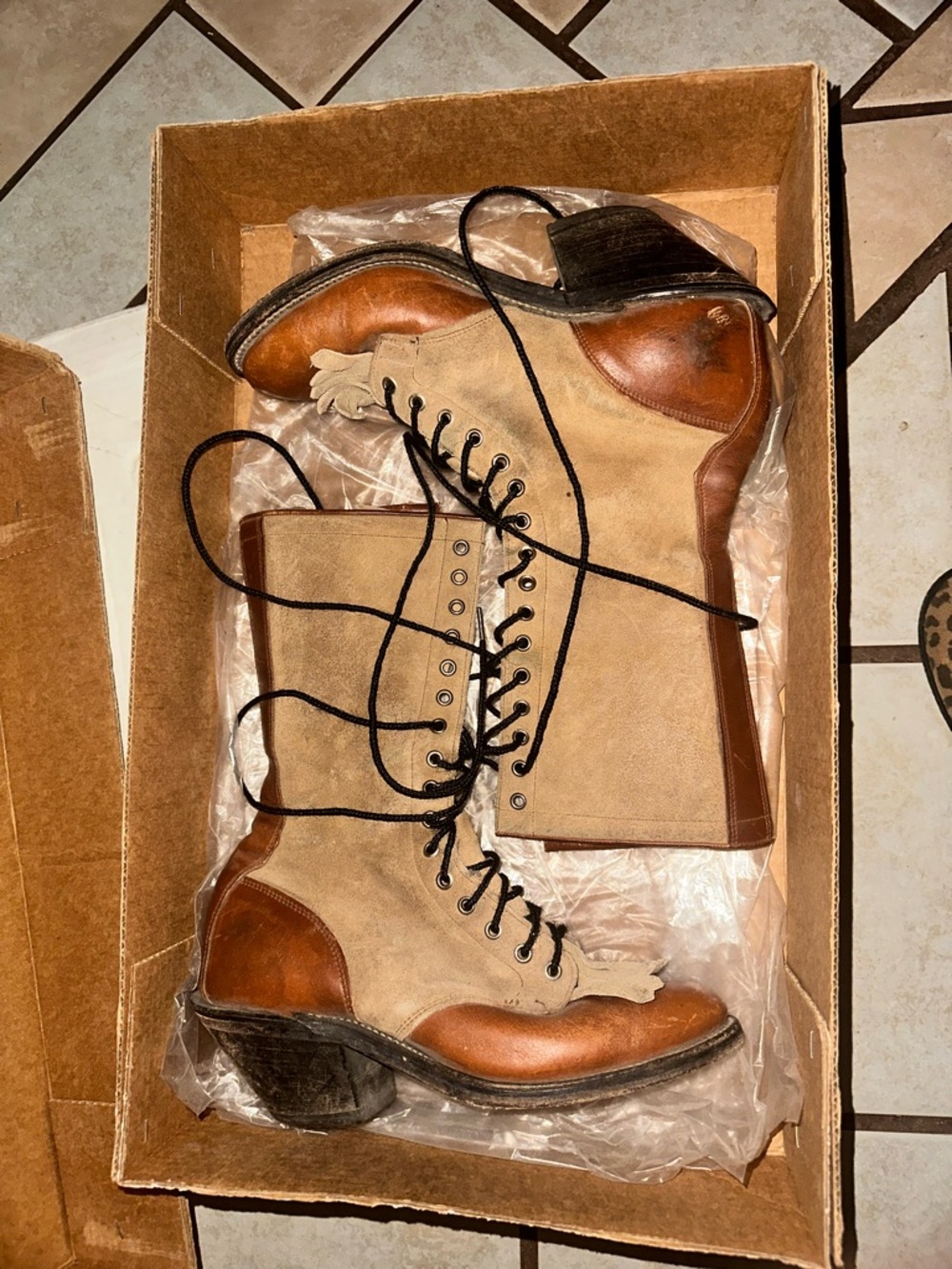 Olathe Boot Co. Two-Tone Tan and Brown Lace-Up Western Boots
